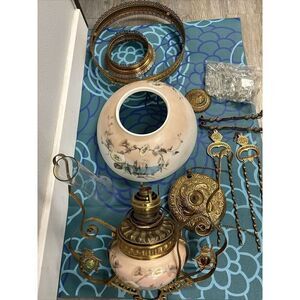 Antique Victorian HANGING PARLOR LAMP Peach Floral Ships Glass Electric 1880